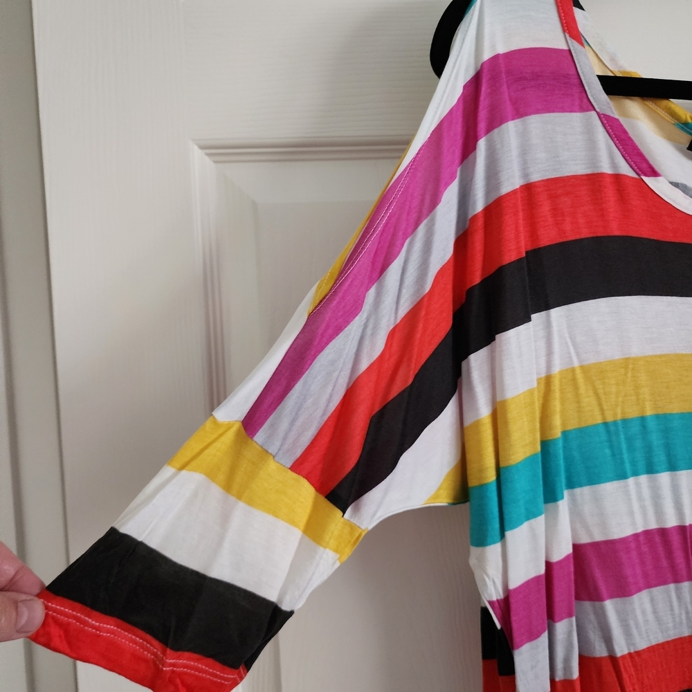 a.n.a Multicolor Striped Scoop Neck Top - Pink, Teal, Yellow, Black & White - Picture 3 of 4